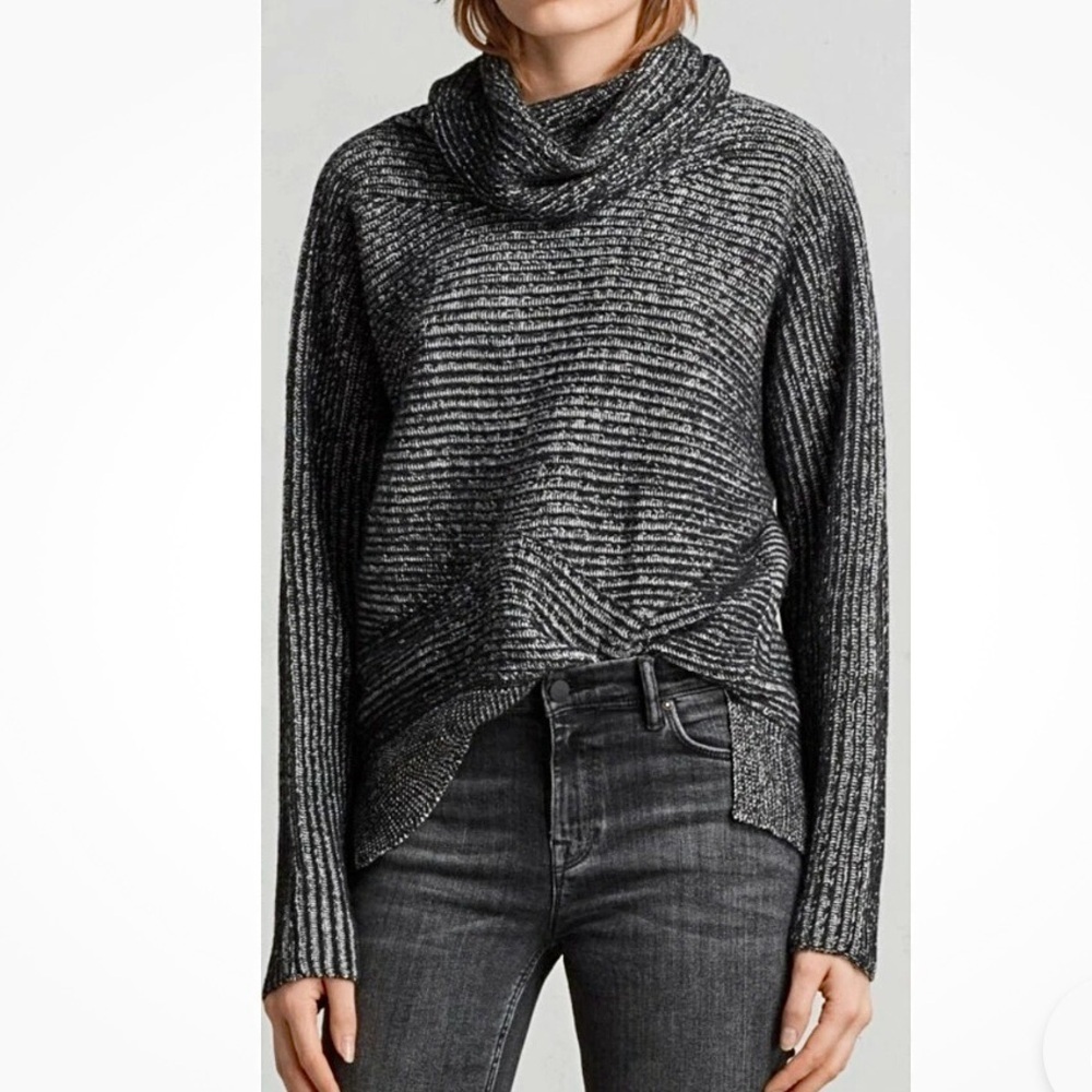 AllSaints Mesa Roll Neck Turtleneck Sweater Womens S Gray Chunky Rib Knit Wool - Picture 1 of 8